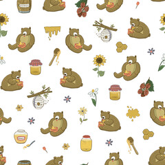 Wall Mural - Bees, honey and bears vector seamless pattern.