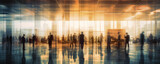 Fototapeta Londyn - Business background. Many businessmen walking in a modern building lobby or entrance. Blurred motion. Hand edited generative AI.