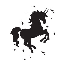 Magic Unicorn Silhouette, Stylish Icons,vintage, Background, Horses Tattoo. Hand Drawn Unicorn Vector Illustration, Outline Black Isolated On White Background