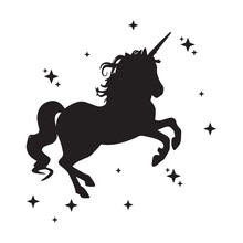 Magic Unicorn Silhouette, Stylish Icons,vintage, Background, Horses Tattoo. Hand Drawn Unicorn Vector Illustration, Outline Black Isolated On White Background