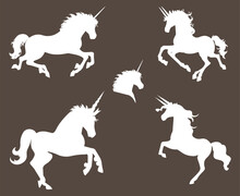 Magic White Unicorn Silhouette, Stylish Icons,vintage, Background, Horses Tattoo. Hand Drawn Unicorn Vector Illustration, Outline Black Isolated On Brown Background