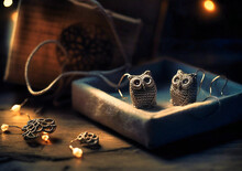 Owl Knitted Earrings And A Box With A Heart On It