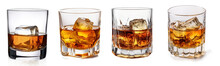 Set Of Glass Of Whiskey Or Whisky Or American Kentucky Bourbon With Its Reflection On The Plane. Isolated On Transparent