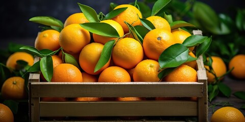 Wall Mural - AI Generated. AI Generative. Wood box of fresh oranges. Farm harvest eco nature organic fruit health product. Graphic Art