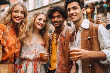 Wall Mural - Global Oktoberfest Joy: Young Visitors from Around the World Celebrating and Enjoying Festivities Together, Generative AI