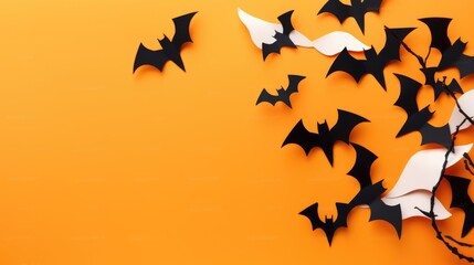halloween diy decorations. halloween party greeting card mockup with cardboard bats on orange backgr