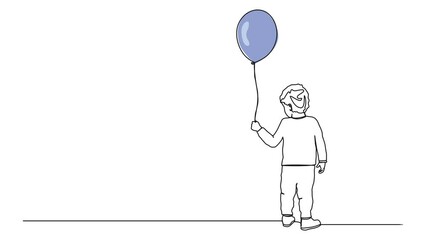 Wall Mural - animated continuous single line drawing of toddler holding a balloon, line art animation