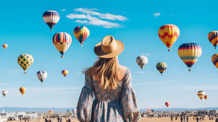 Wall Mural - rear view of women travel vocation looking at the hot air colorful in blue sky created with Generative AI