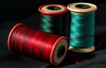 three spools of thread and two red green spools of thread