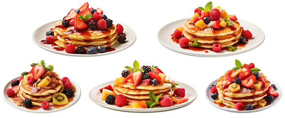 Set of Delicious freshly prepared pancakes with strawberry and blueberries isolated with transparent background