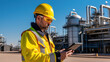 © FutureStock - Engineer wearing safety uniform and helmet looking detail tablet on hand with oil refinery factory in the background.