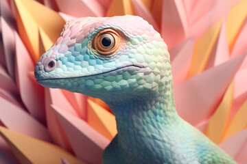 Poster - A pastel-colored geometric-style Compsognathus artwork with intricate geometric shapes and soft pastel hues. Generative AI technology
