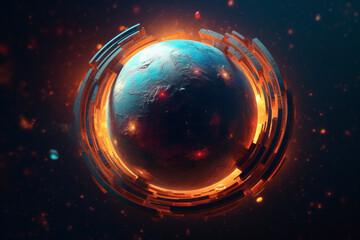 Poster - an abstract planet with intersecting geometric shapes and translucent layers, creating a sense of depth and mystery in the cosmic expanse. Generative AI technology