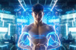© FutureStock - Muscular young male bodybuilder with hologram covering his naked torso in the gym. Sports, competition and technology concept.