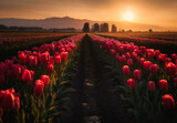 Fototapeta Kwiaty - sunset on row of tulips