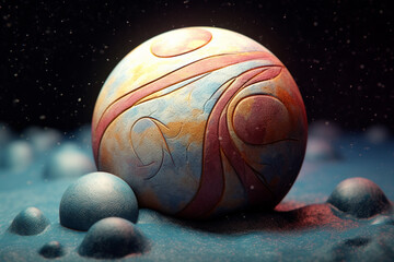 Poster - An abstract Pluto with swirling geometric patterns and soft pastel colors, evoking a sense of tranquility and serenity in the cosmic expanse. Generative AI technology
