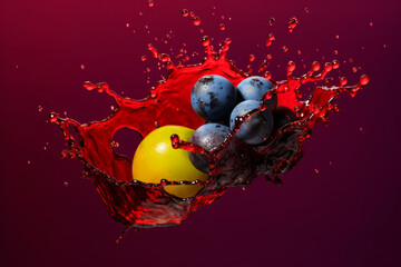 Aufkleber - An vibrant photograph Tempranillo grape splashed in bright paint, contemporary background. Generative AI technology