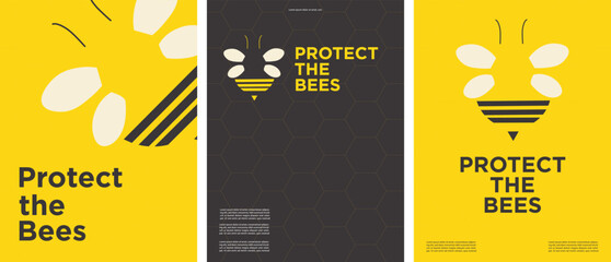 Protect the bees poster templates. Bee. Honeycomb background.  Minimalist. Trendy. Vector Illustration. Editable with copy space. For posters, cards, covers, leaflets, flyers, brochures, documents.