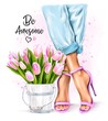 Beautiful female legs in pink high heel shoes. Pink tulips in little bucket. Fashion style illustration 