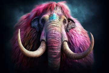 Poster - A pastel-colored Woolly Mammoth with a majestic mane, rendered in soft hues of pink, purple, and blue, exuding a serene and regal presence. Generative AI technology