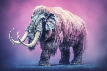 Poster - A pastel-colored Woolly Mammoth with a majestic mane, rendered in soft hues of pink, purple, and blue, exuding a serene and regal presence. Generative AI technology