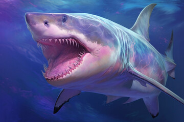 Poster - A pastel-colored Megalodon with a majestic mane, rendered in soft hues of pink, purple, and blue, exuding a serene and regal presence. Generative AI technology