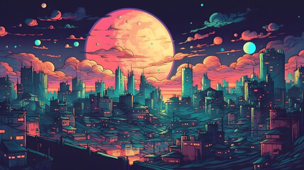 Wall Mural - Beautiful metropolis under the moon, cartoon. Generative AI