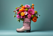 Floral Bouquet In The Boots. Super Photo Realistic Background. Generative Ai Illustration