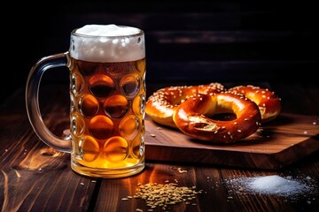 Wall Mural - Passionate Pleasure: Oktoberfest Maß Beer and Pretzel on Wooden Table Promising Exquisite Enjoyment, Generative AI