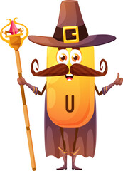 Wall Mural - Cartoon vitamin U wizard character. Vector food supplement capsule holding magic staff and showing thumb up. Isolated enchanter in pointed hat with buckle. Positive mage personage with smiling face