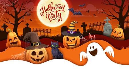 Wall Mural - Halloween paper cut banner with cartoon ghost and pumpkins on cemetery landscape. Vector greeting card design with 3d effect papercut frame, night graveyard with tombs, black cat, amanita and bats