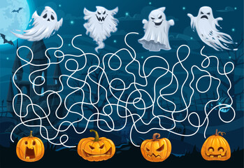 Poster - Labyrinth maze help to cartoon ghost find his pumpkin. Vector board game worksheet with cartoon funny spooks searching jack lanterns. Boardgame task with tangled path, start and finish, kids riddle