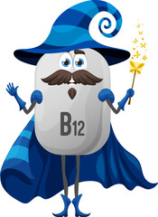 Wall Mural - Cartoon vitamin B12 magician character. Vector white cobalamin capsule in striped wizard costume stands holding sparkling magic wand. Isolated funny food supplement magus personage on black