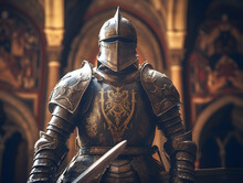 Medieval Knight In Shining Armor With Sword And Shield, Standing Tall In Front Of A Majestic Building, Historical Reenactment, Generative AI