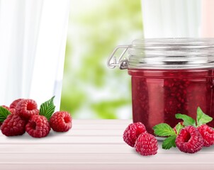 Wall Mural - Tasty sweet Raspberry jam on the desk