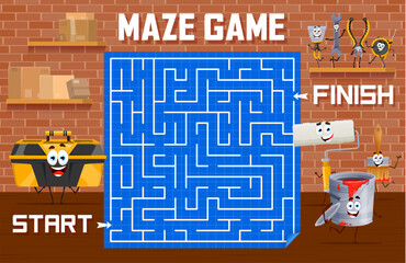 Poster - Labyrinth maze, help to toolbox to find cartoon repair and DIY work tool characters, vector quiz game. Kids puzzle worksheet to find way for wrench, pliers and paintbrush with roller in labyrinth maze