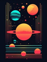 A vector-style illustration depicting a bright and colorful cosmic galaxy consisting of bright planets. Template for a poster or flyer of a night party.Abstract background.Interior poster.