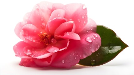 Wall Mural - Beautiful close up pink Japanese camelia flower with some leaves and some water drops looks fresh laying on white studio shot background. Generative AI technology.