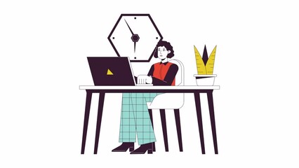 Poster - Office worker at desk animation. Animated cartoon office woman at workplace. Isolated colour flat line 2D character 4K video footage, white background, alpha channel transparency for web design