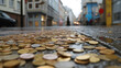 Szene einer leeren Fußgängerzone in einer deutschen Stadt, in der viele Münzen ungeordnet auf dem Boden liegen und diesen bedecken - Generated AI