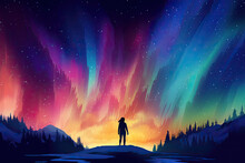 Woman Silhouette Stand On Cliff Look At The Colorful Sky With Aurora Borealis Illustration Generative AI