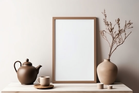 Wall Mural -  - Empty wooden picture frame mockup with a beige theme. Art, poster display. Modern interior. - generative ai