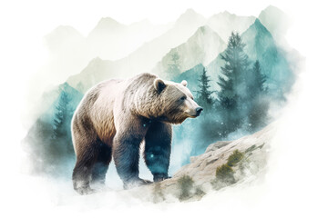 captivating grizzly bear in serene, double exposure style with mountain landscape; striking cold ton