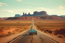 American Desert Road In Wild West With Vintage Car