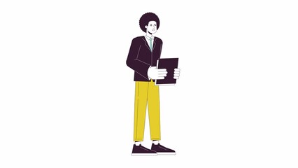 Fototapete - Afro hair male employee animation. Animated cartoon businessperson standing. Isolated colour flat line 2D character 4K video footage, white background, alpha channel transparency for web design