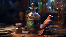 Photo Of A Bird Perched On A Table Next To A Vase


