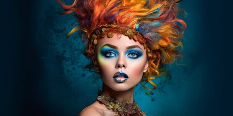 creating a high-fashion editorial makeup look, highlighting the use of unconventional colors, textures, and techniques. Generative AI