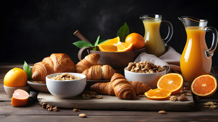 Wall Mural - healthy breakfast with coffee and croissant created with Generative AI