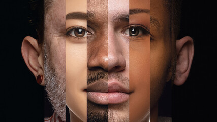 human face made from different portrait of men and women of diverse age and race. combination of fac