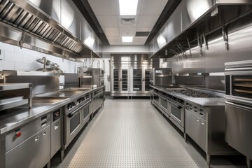 Wall Mural - modern commercial kitchen with ovens, ranges, and mixers in stainless steel, created with generative ai